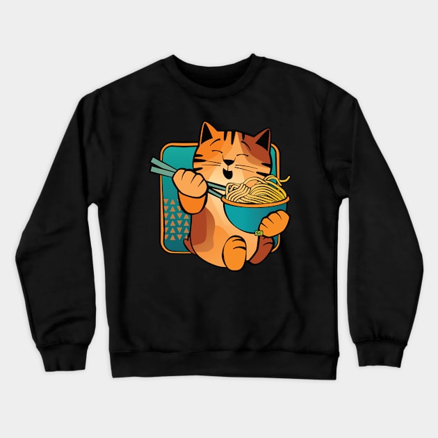 Happy Cat Eating Noodles Crewneck Sweatshirt by Sue Cervenka